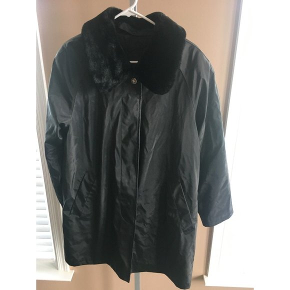 British Mist Coat Solid Black Lined Winter Small Waterproof Lining Faux Fur Neck - Picture 4 of 10